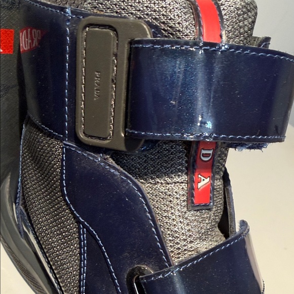 Prada Dark Blue High-Top Patent leather Sneakers with Red Detail - Picture 6 of 12